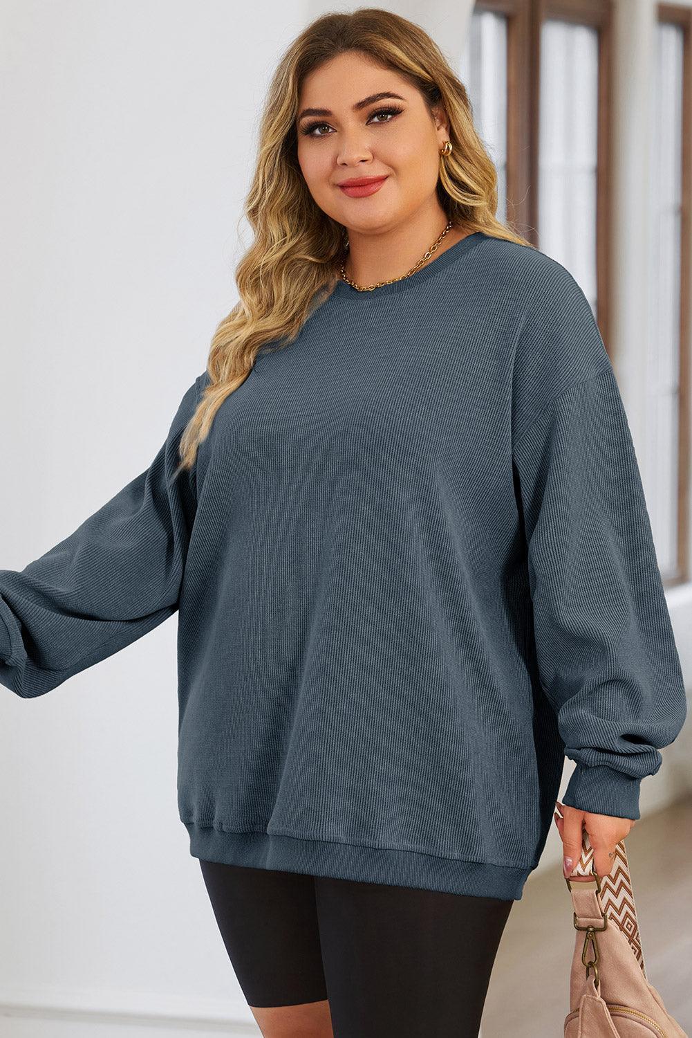 Plus Size Round Neck Dropped Shoulder Sweatshirt - ClubOn