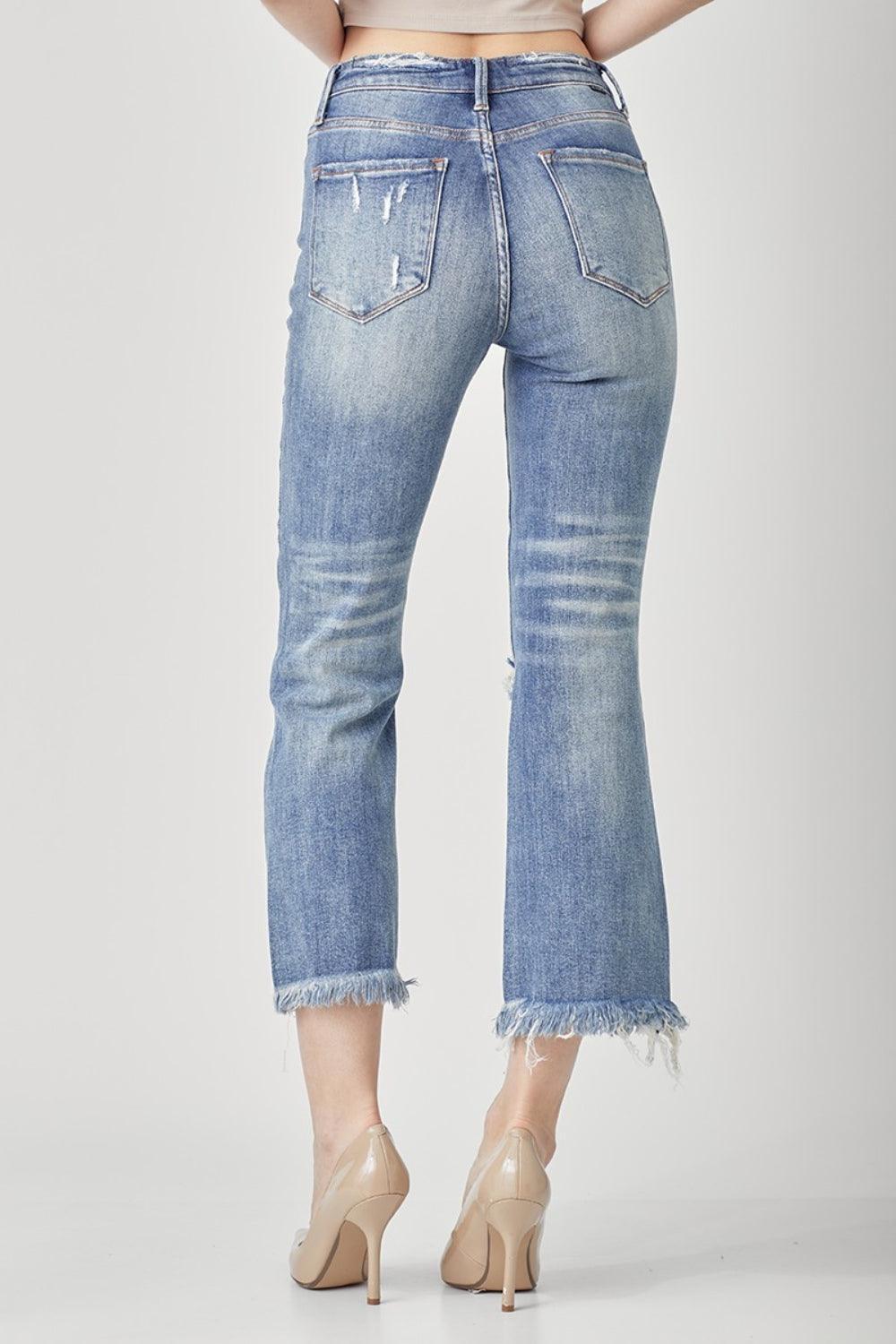 RISEN High Waist Distressed Cropped Bootcut Jeans - ClubOn