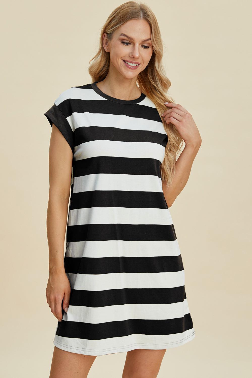 Basic Bae Full Size Striped Round Neck Cap Sleeve Mini Dress - ClubOn