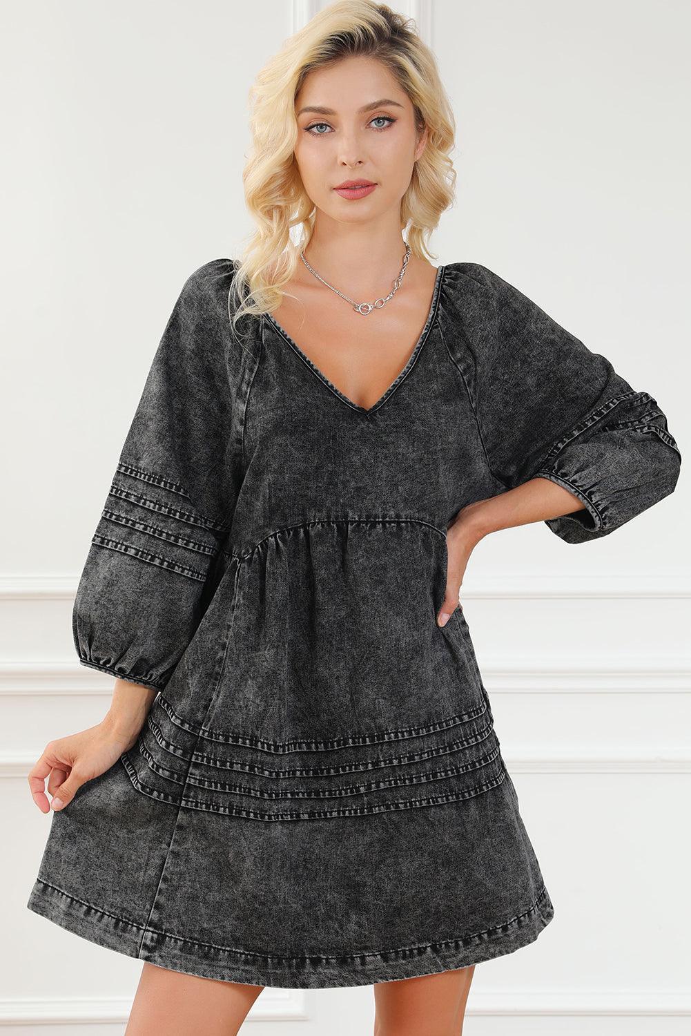 V-Neck Tie Back Mini Denim Dress - ClubOn