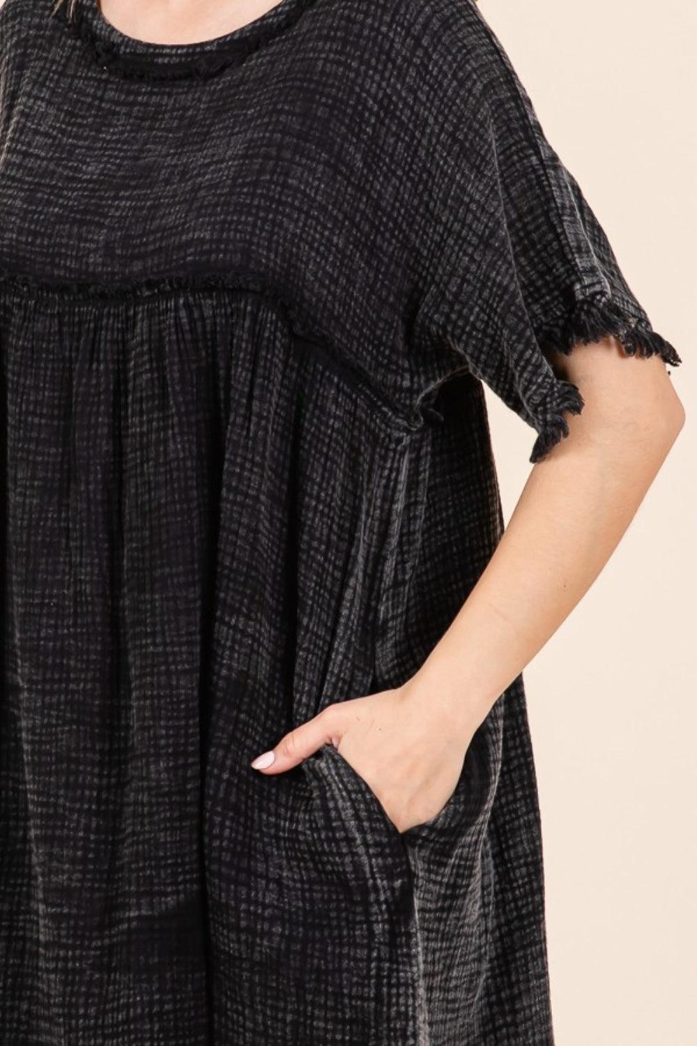 Culture Code Full Size Short Sleeve Babydoll Texture Dress with Pockets - ClubOn