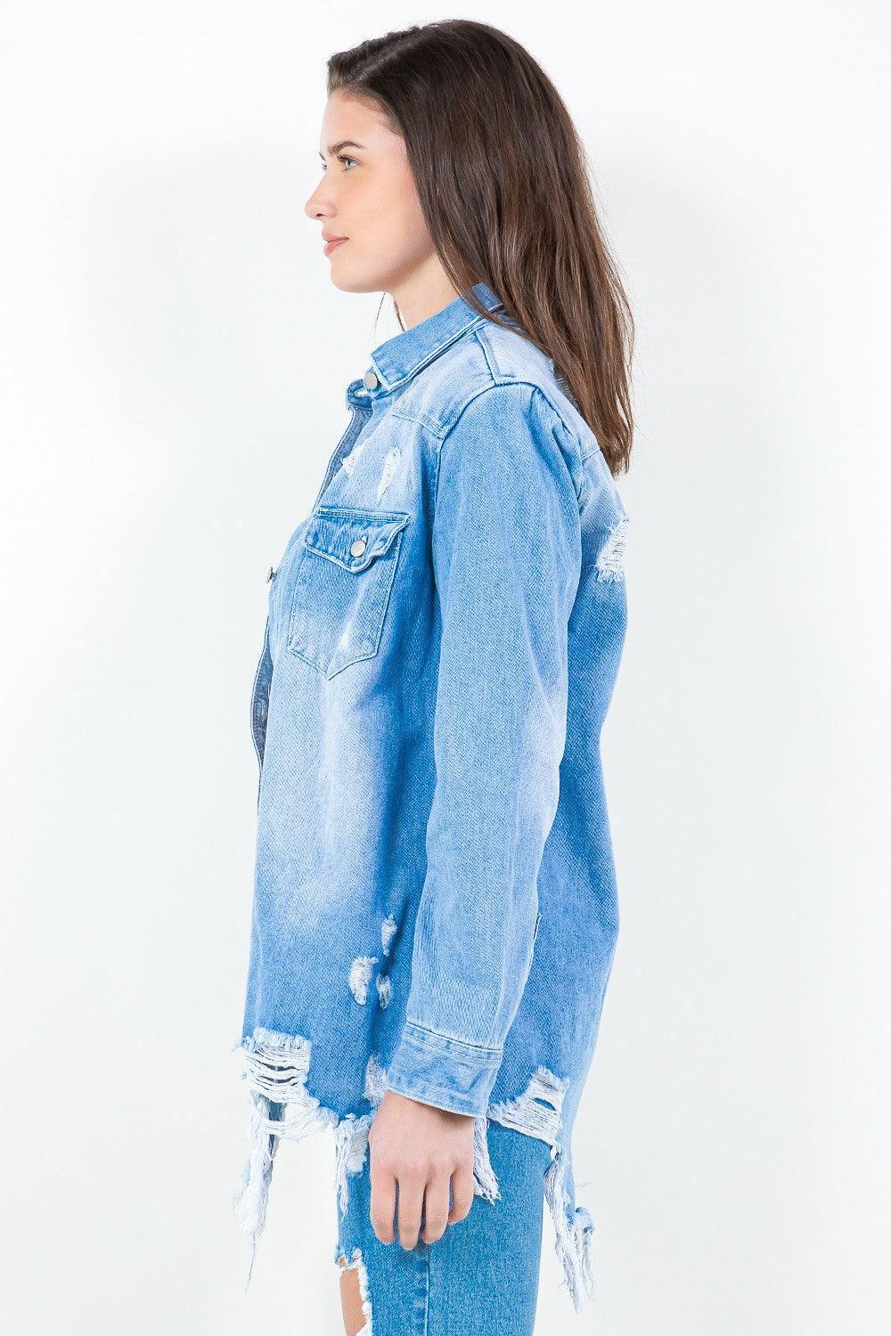 American Bazi Frayed Hem Distressed Denim Shirt Jacket - ClubOn