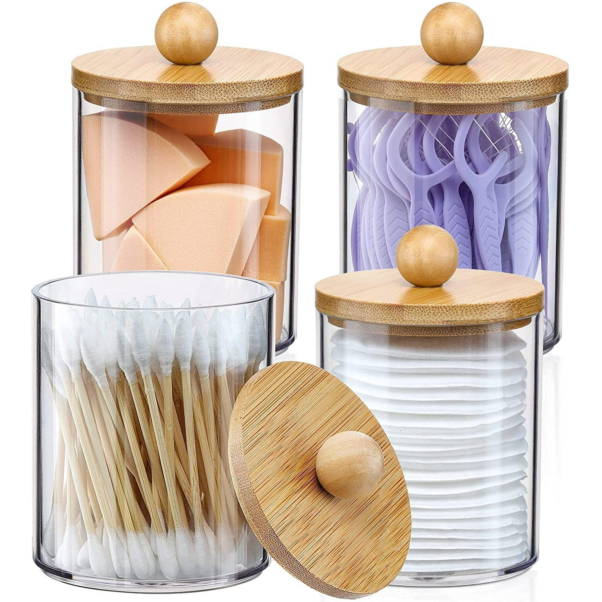 4 Pack Qtip Holder Dispenser with Bamboo Lids, 10 oz Clear Plastic Apothecary Jar Containers for Vanity & Bathroom Storage - ClubOn