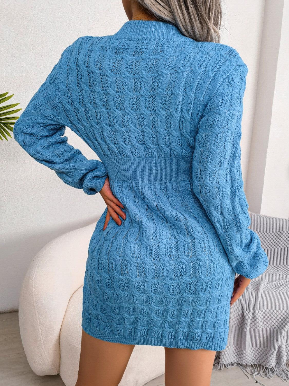 Cable-Knit Round Neck Mini Wrap Sweater Dress - ClubOn