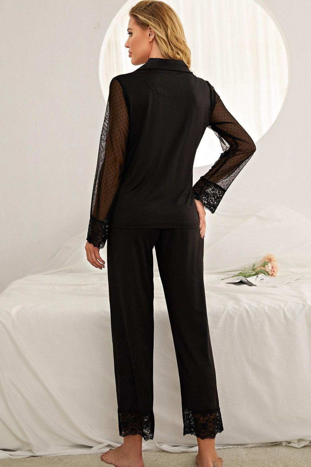 Spliced Lace Lapel Collar Pajama Set - ClubOn