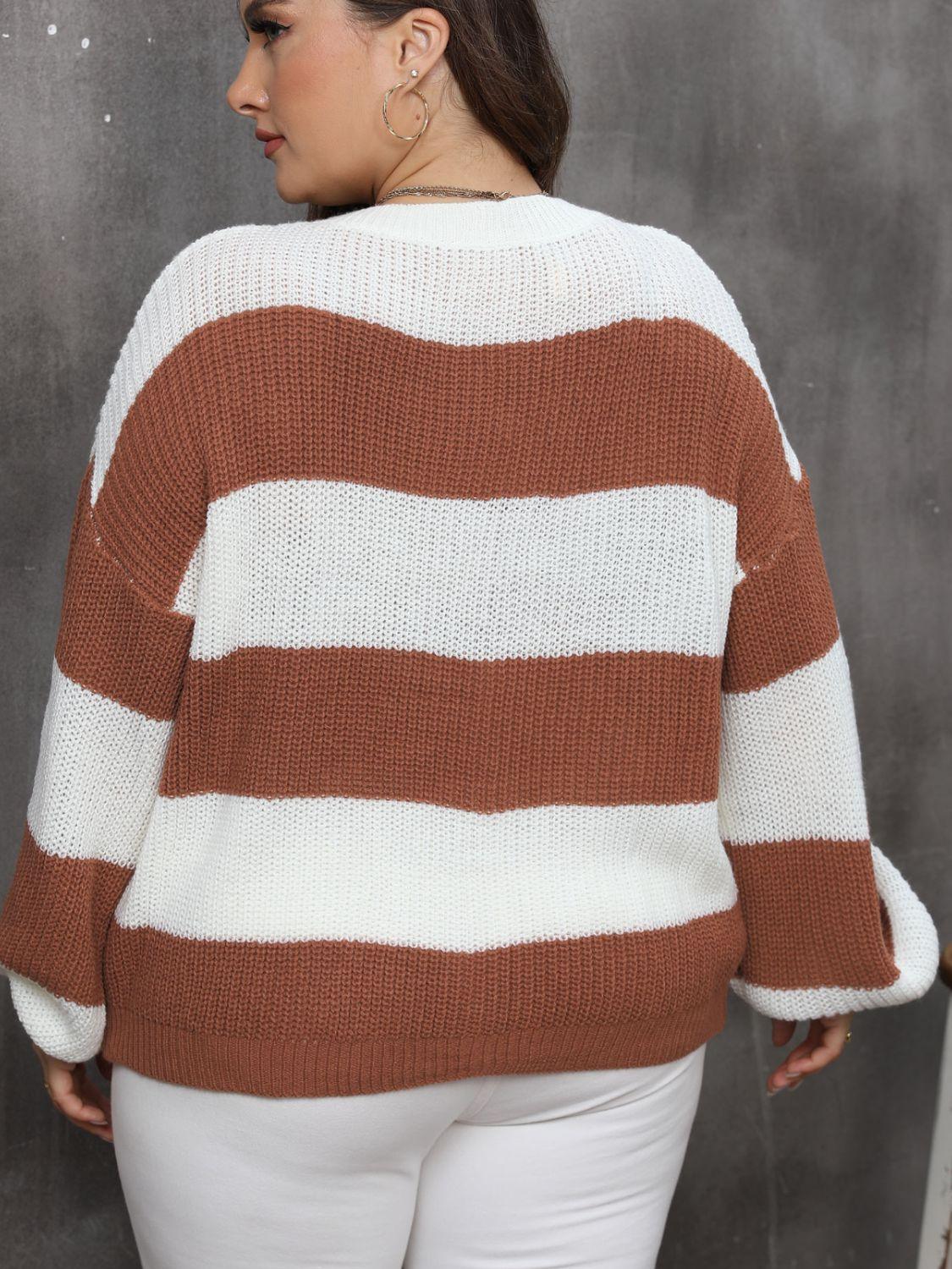 Plus Size Striped Round Neck Long Sleeve Sweater - ClubOn