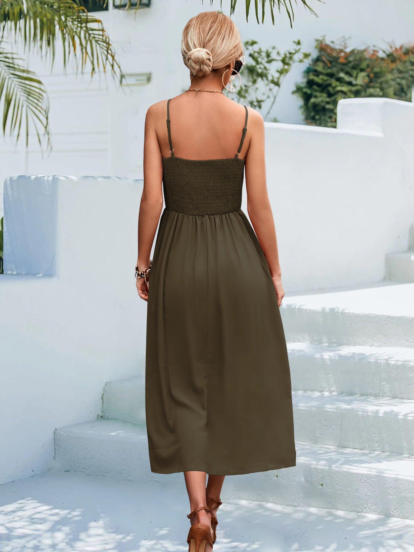 Decorative Button Spaghetti Strap Midi Dress - ClubOn