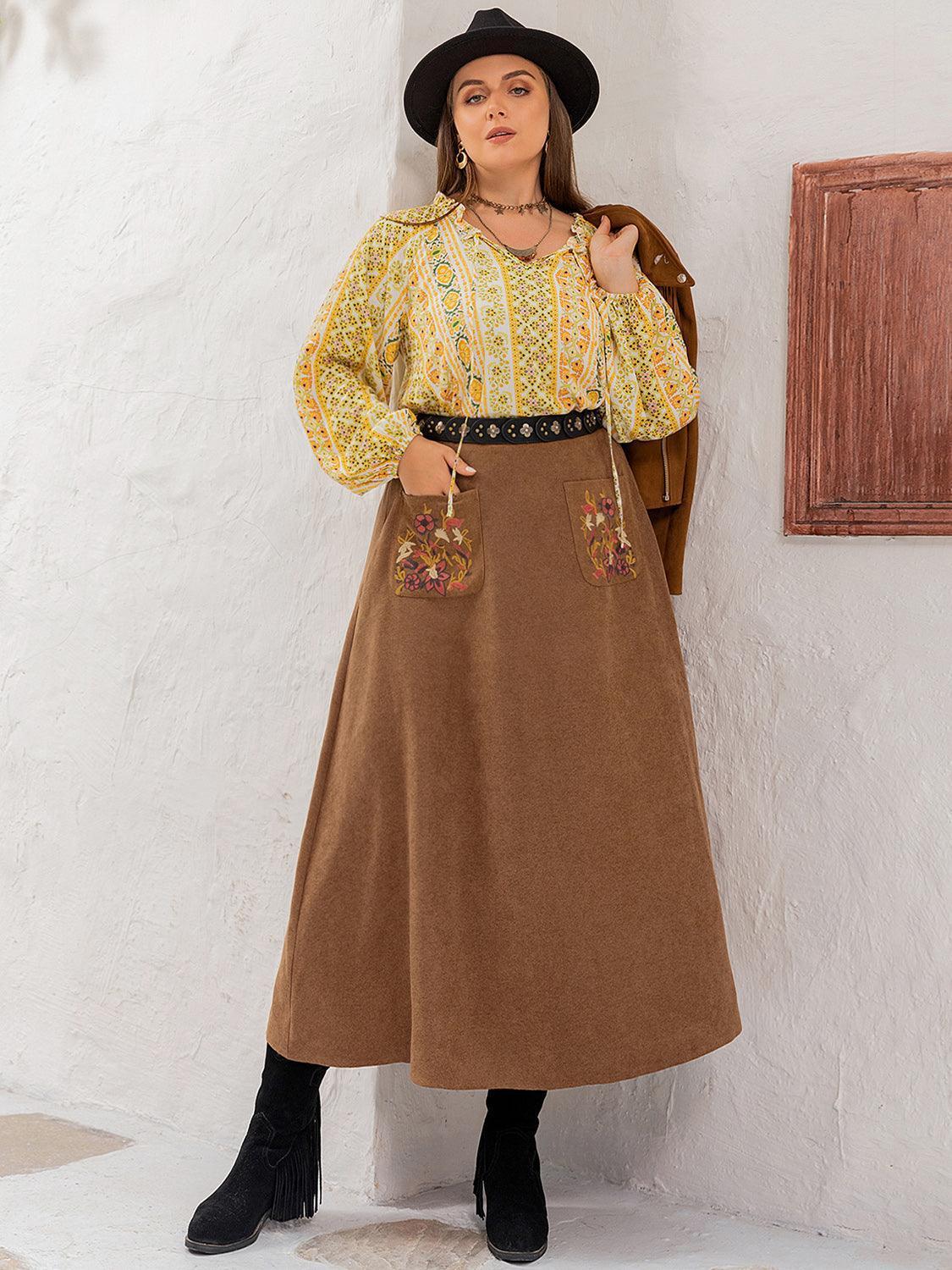 Plus Size Embroidered Pocketed High Waist Skirt - ClubOn