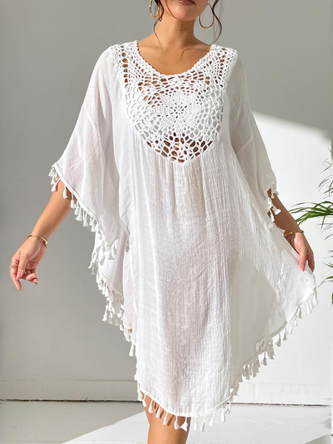 Tassel Cutout Scoop Neck Cover-Up Dress - ClubOn