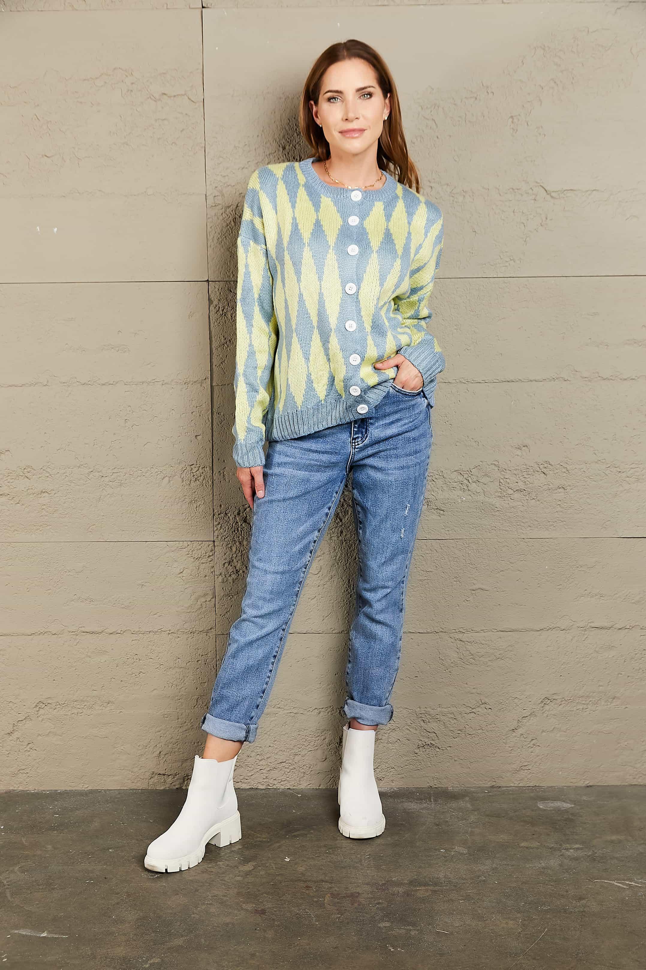 Woven Right Argyle Button Front Drop Shoulder Cardigan - ClubOn