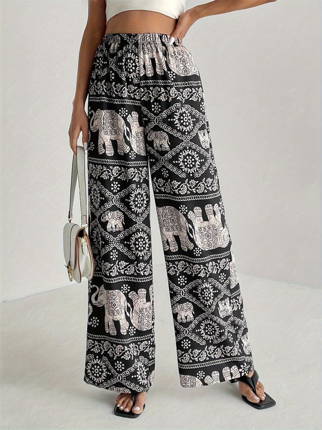 Printed Wide Leg Elastic Waist Pants – Effortless Comfort - ClubOn