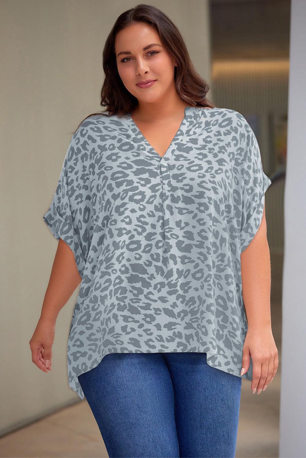 Plus Size Printed Notched Neck Half Sleeve Top - ClubOn
