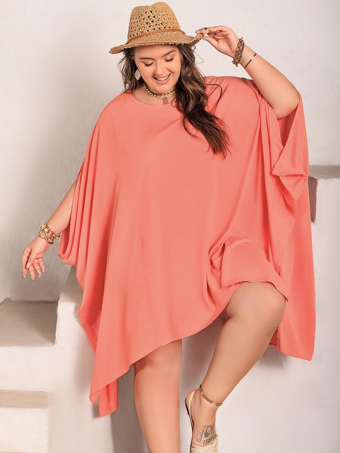 Plus Size Round Neck Batwing Sleeve Mini Dress - ClubOn