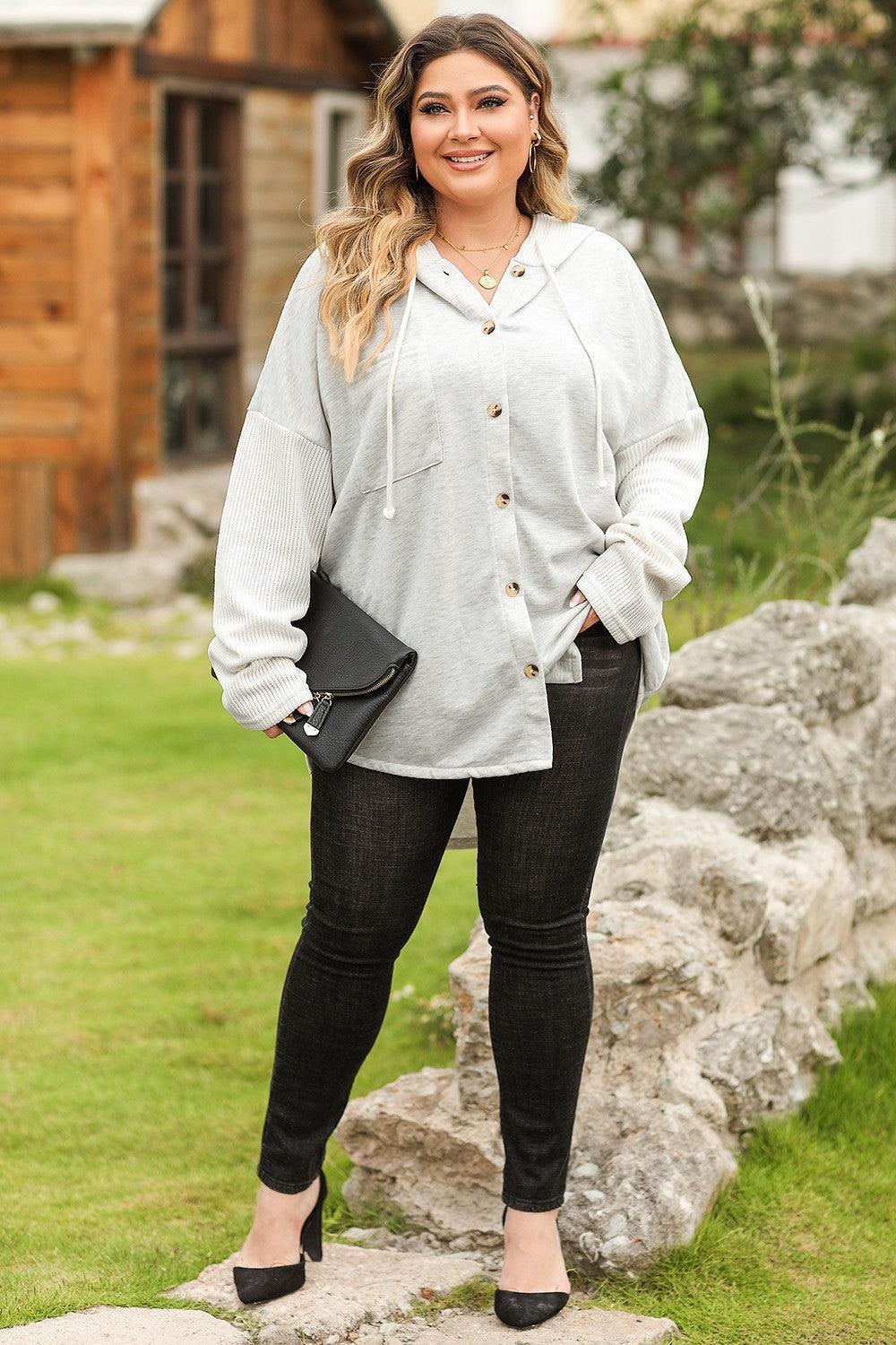 Plus Size Button Up Drawstring Long Sleeve Hoodie - ClubOn