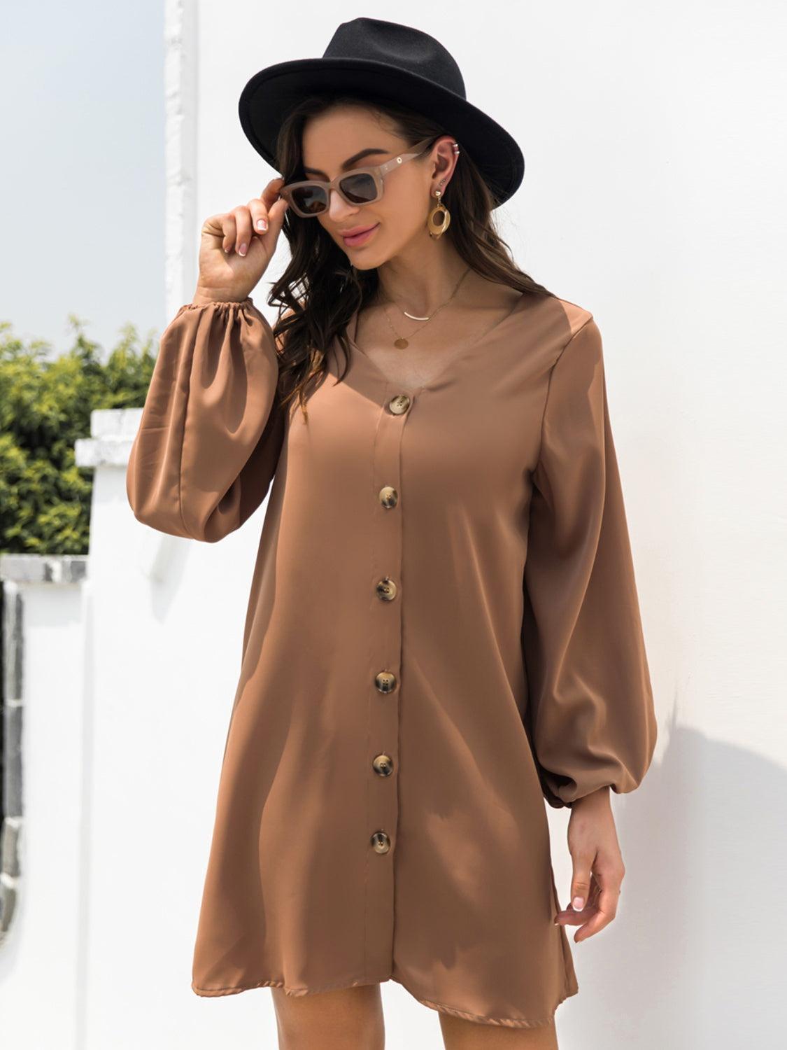 V-Neck Long Sleeve Mini Dress - ClubOn