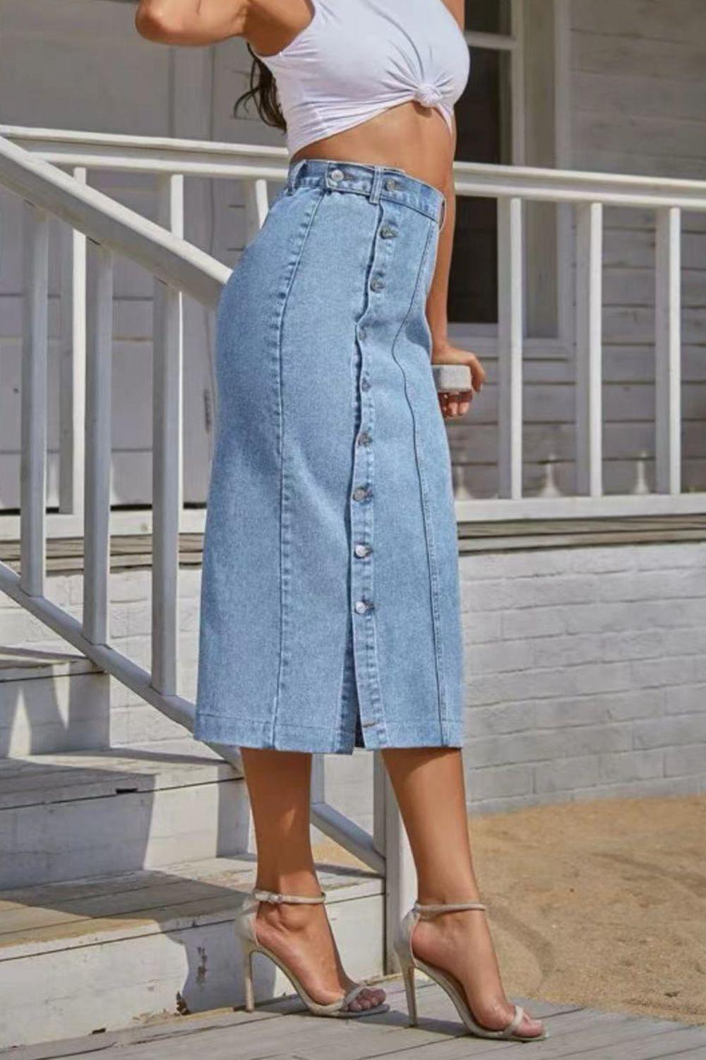 Buttoned Split Denim Skirt - ClubOn