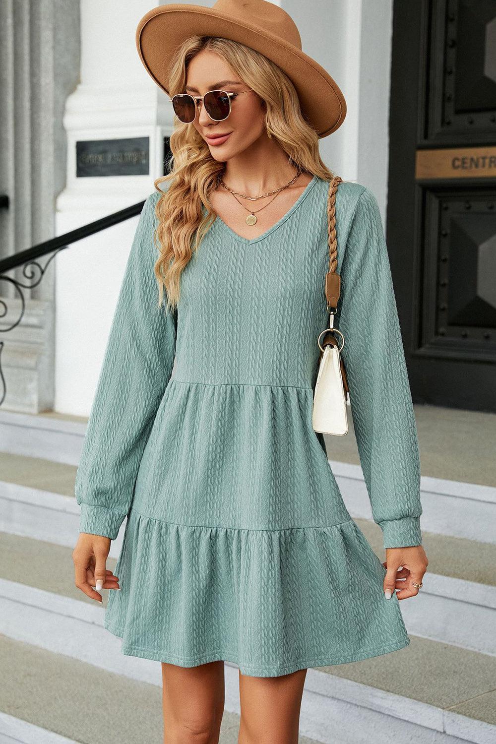 V-Neck Long Sleeve Mini Dress - ClubOn