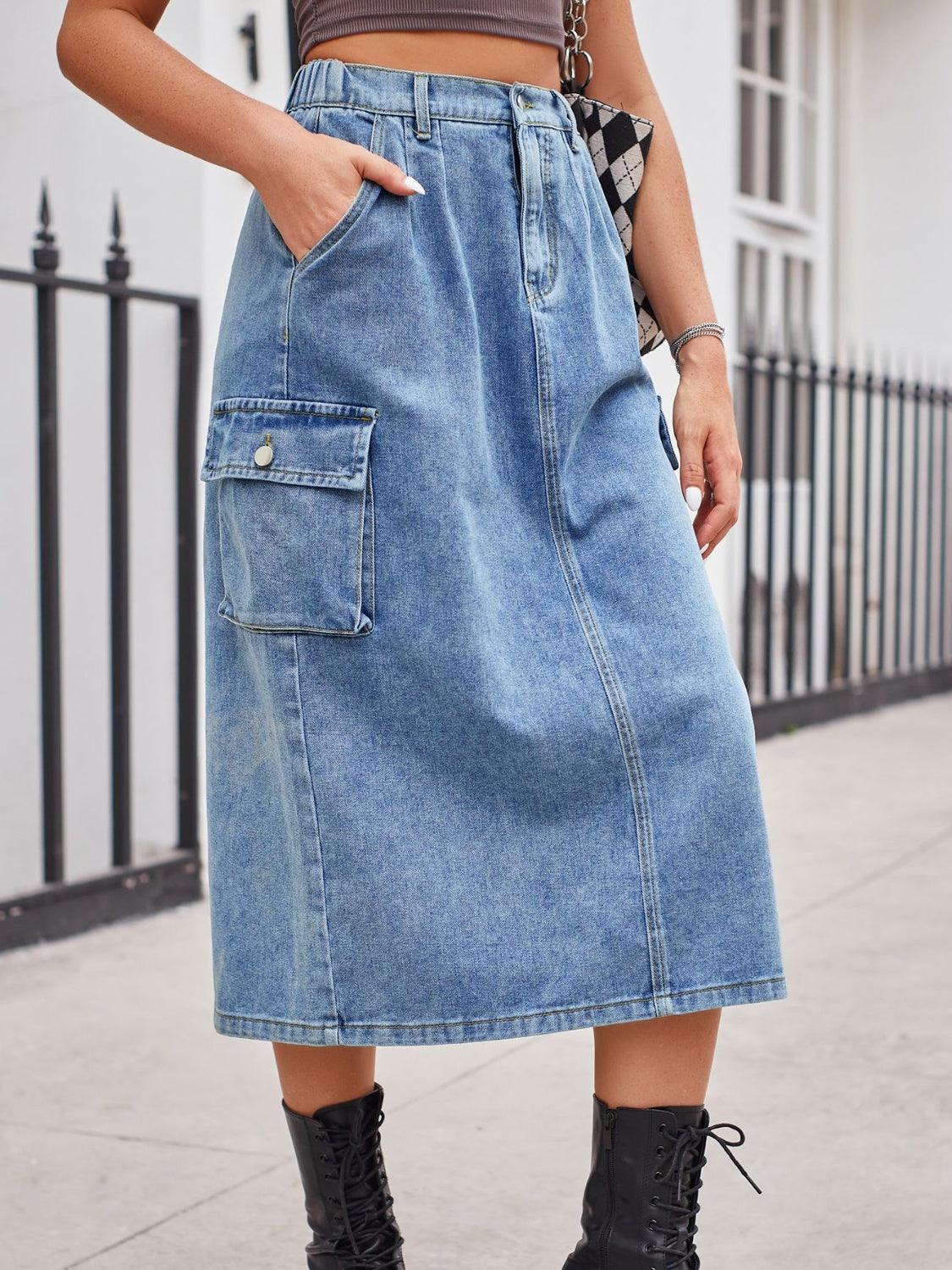 Slit Buttoned Denim Skirt with Pockets - ClubOn