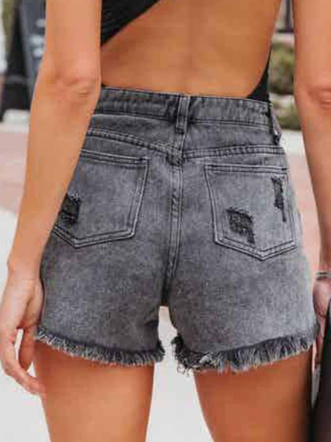Distressed Fringe Denim Shorts with Pockets - ClubOn