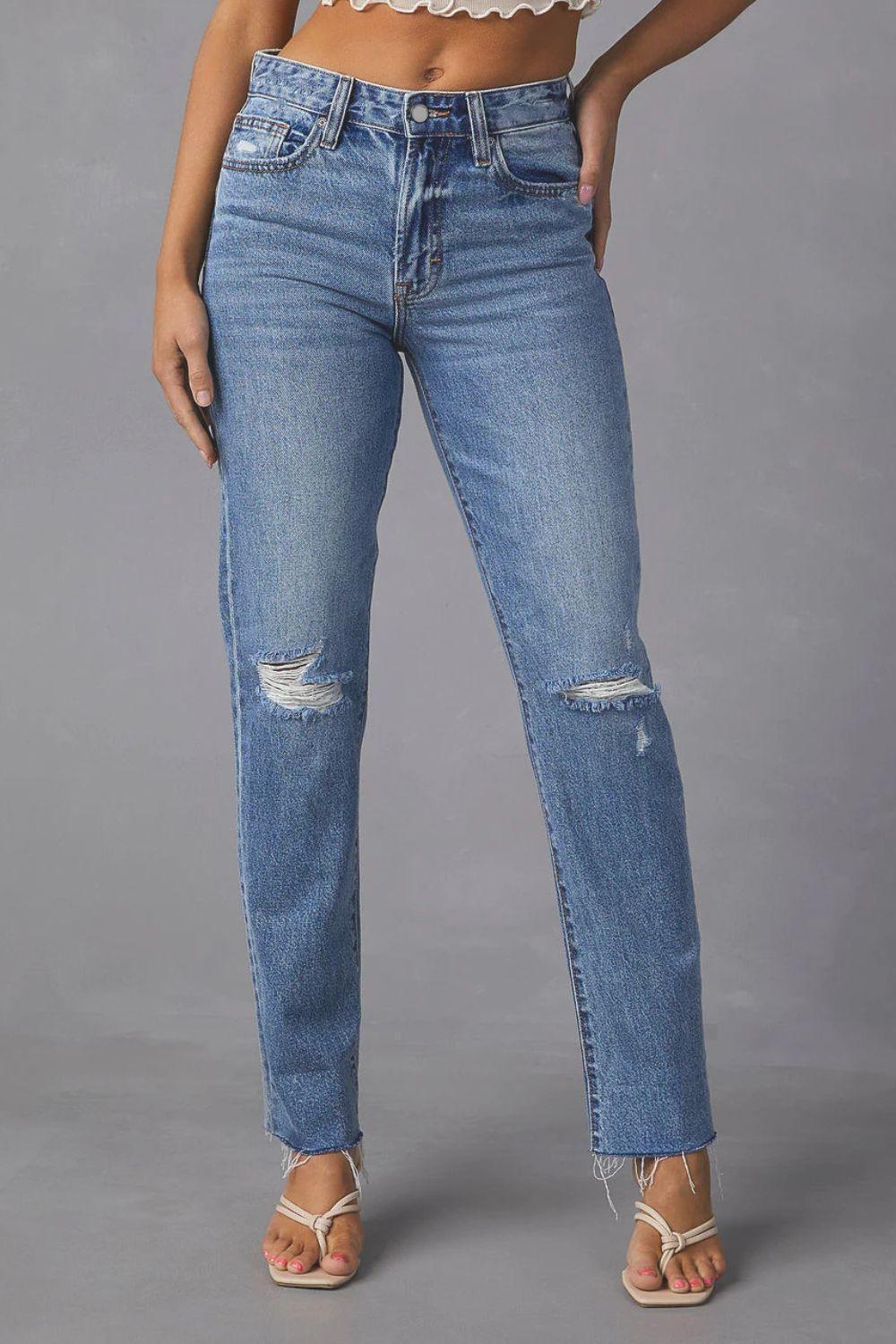 Distressed Raw Hem Straight Jeans with Pockets - ClubOn