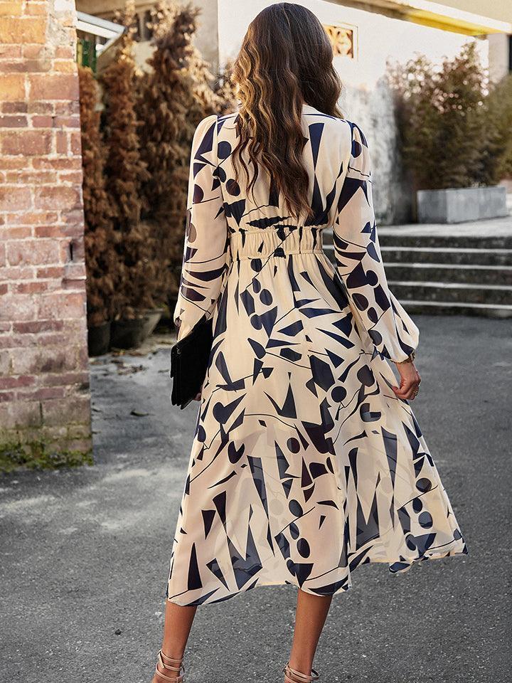 Devine Printed V-Neck Long Sleeve Midi Dress - ClubOn