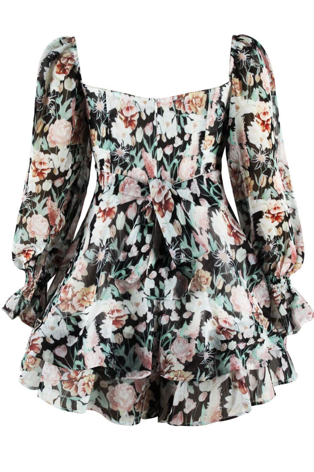 Floral Sweetheart Neck Flounce Sleeve Romper - ClubOn