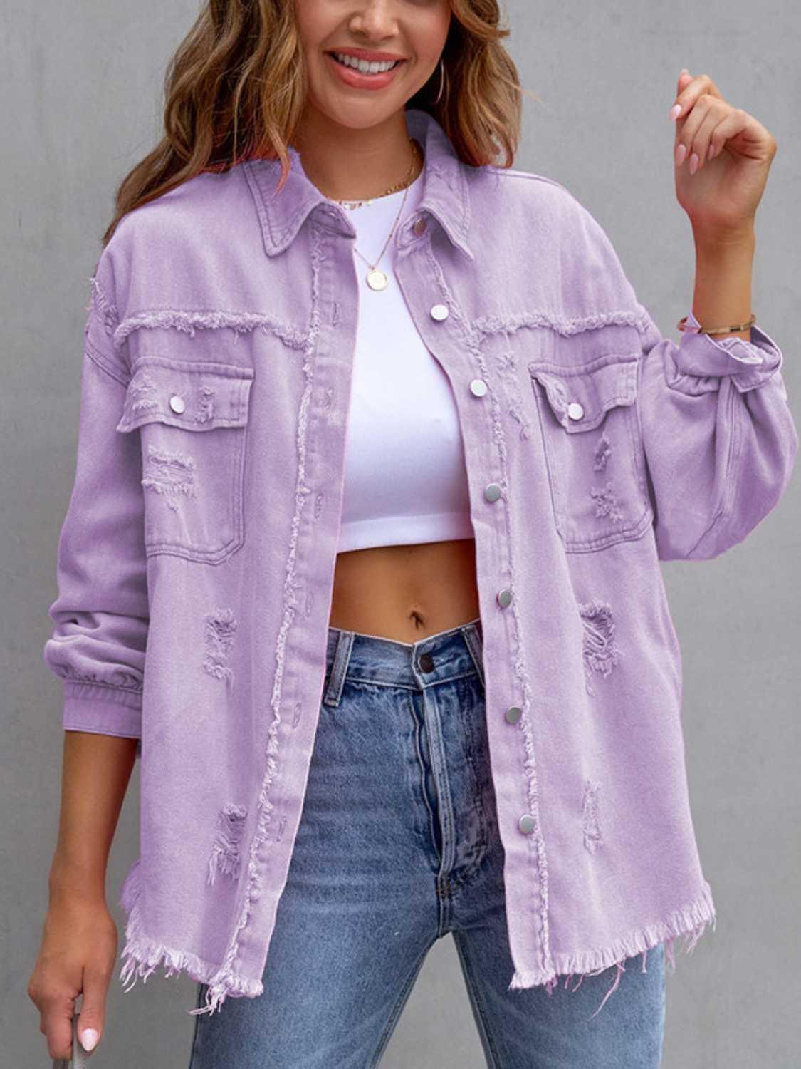 Distressed Drop Shoulder Denim Jacket - ClubOn