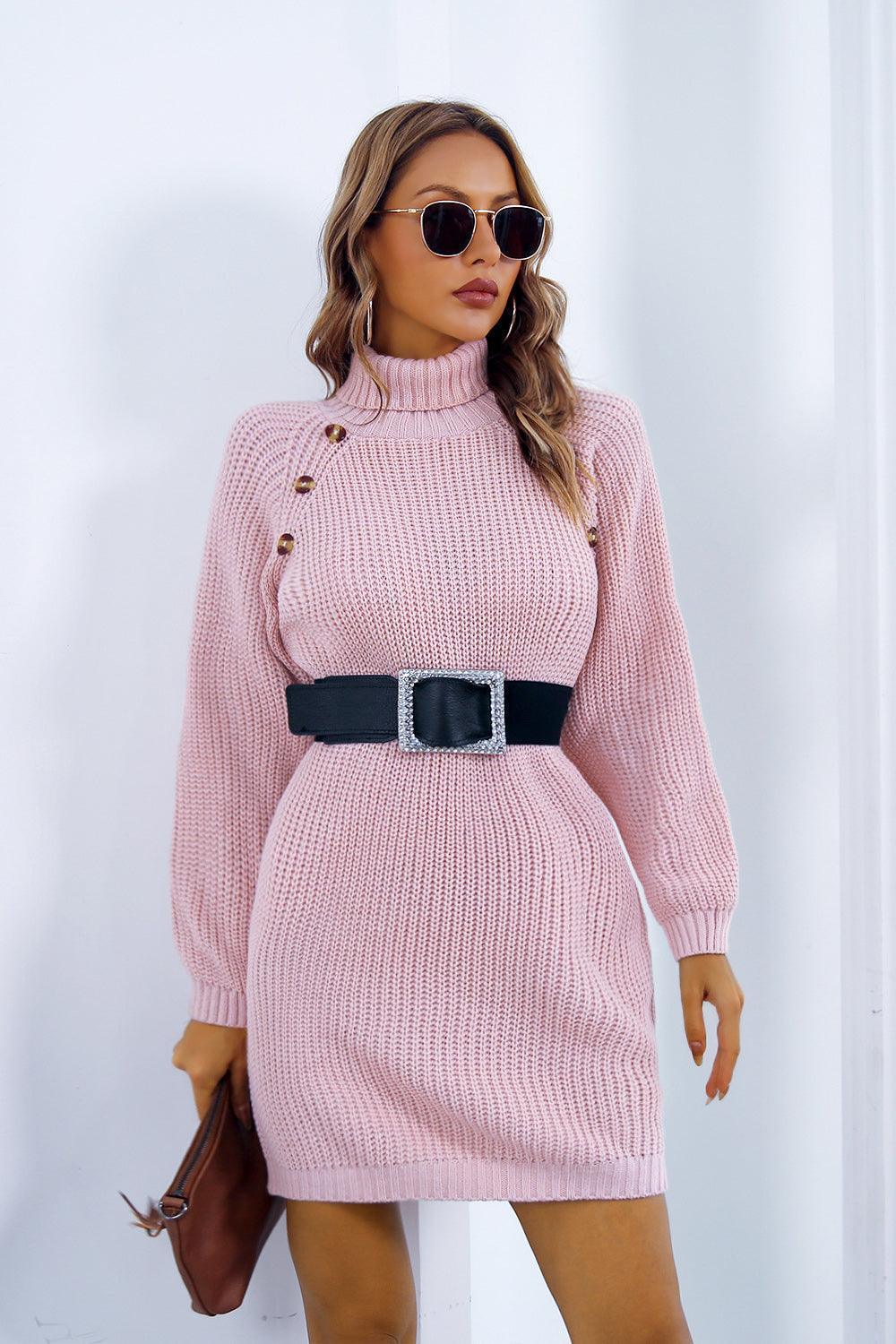 Buttoned Turtleneck Long Sleeve Sweater Dress - ClubOn