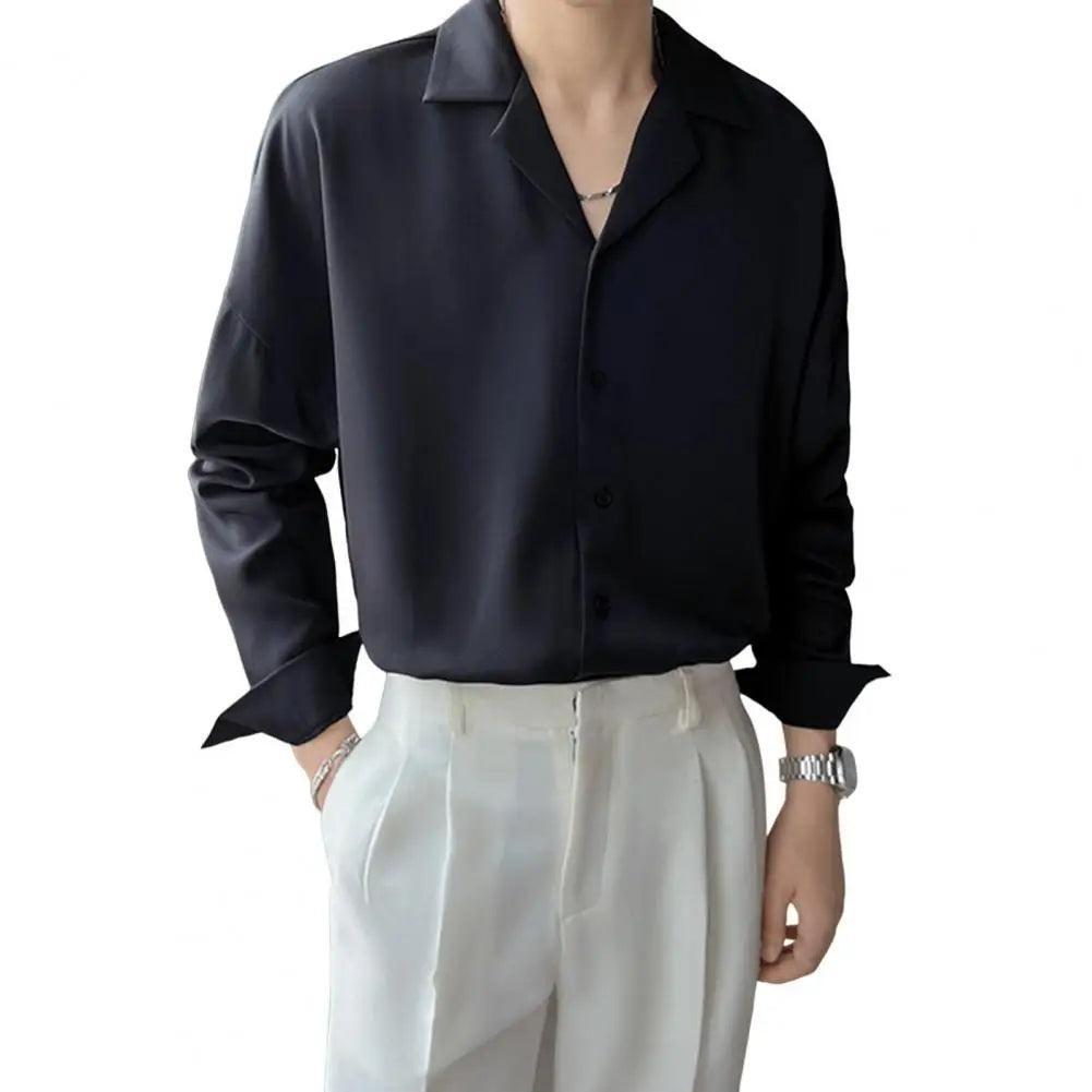 Men's Spring Cuban Neck Shirt - Casual Solid Color Long Sleeve Top - ClubOn