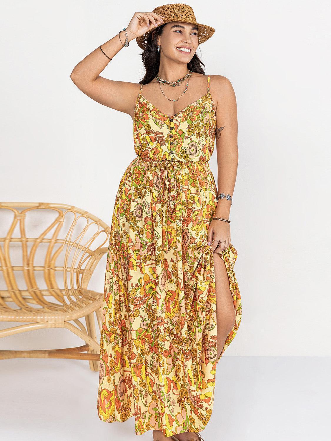 Plus Size Printed V-Neck Maxi Cami Dress - ClubOn