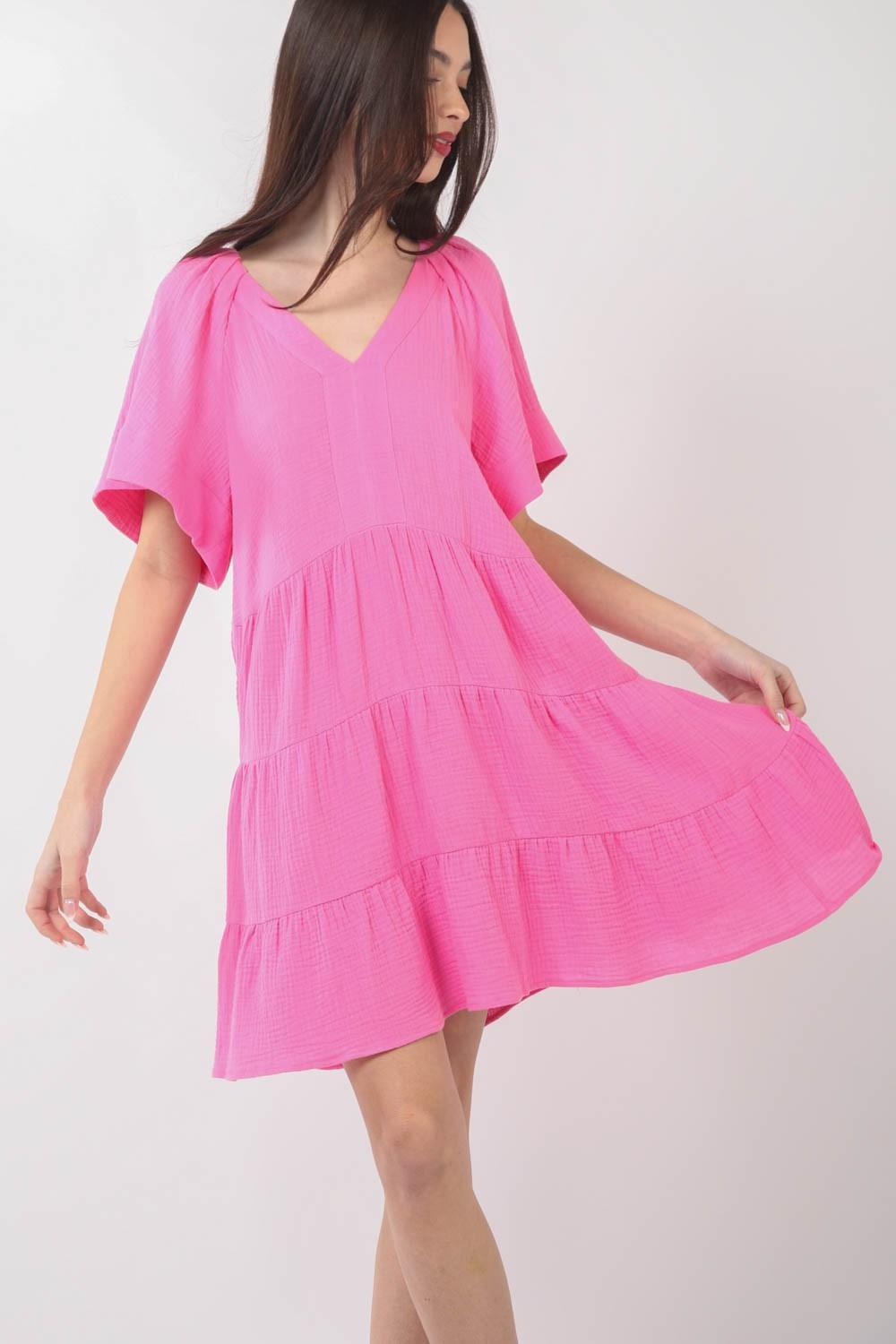VERY J Texture V-Neck Ruffled Tiered Dress - ClubOn