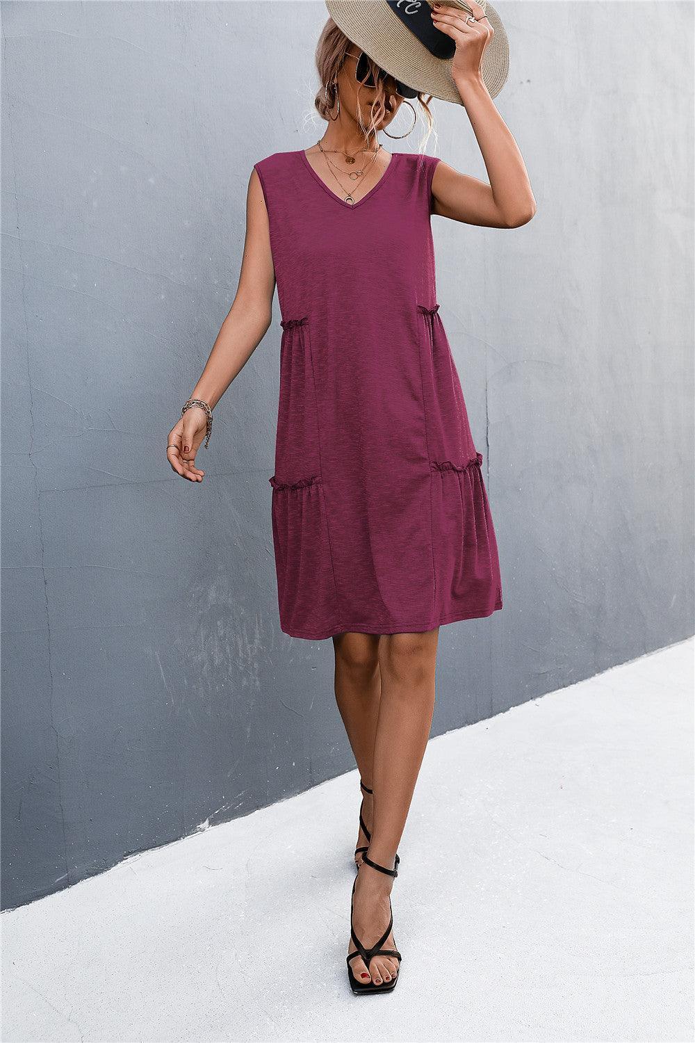 V-Neck Frill Trim Sleeveless Dress - ClubOn