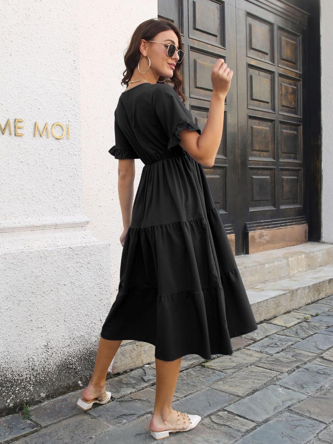 V-Neck Short Sleeve Midi Dress - ClubOn