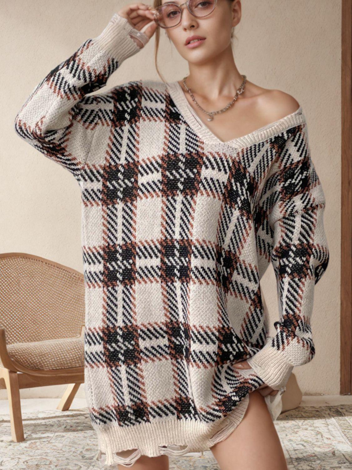 Distressed Plaid V-Neck Long Sleeve Sweater Dress - ClubOn