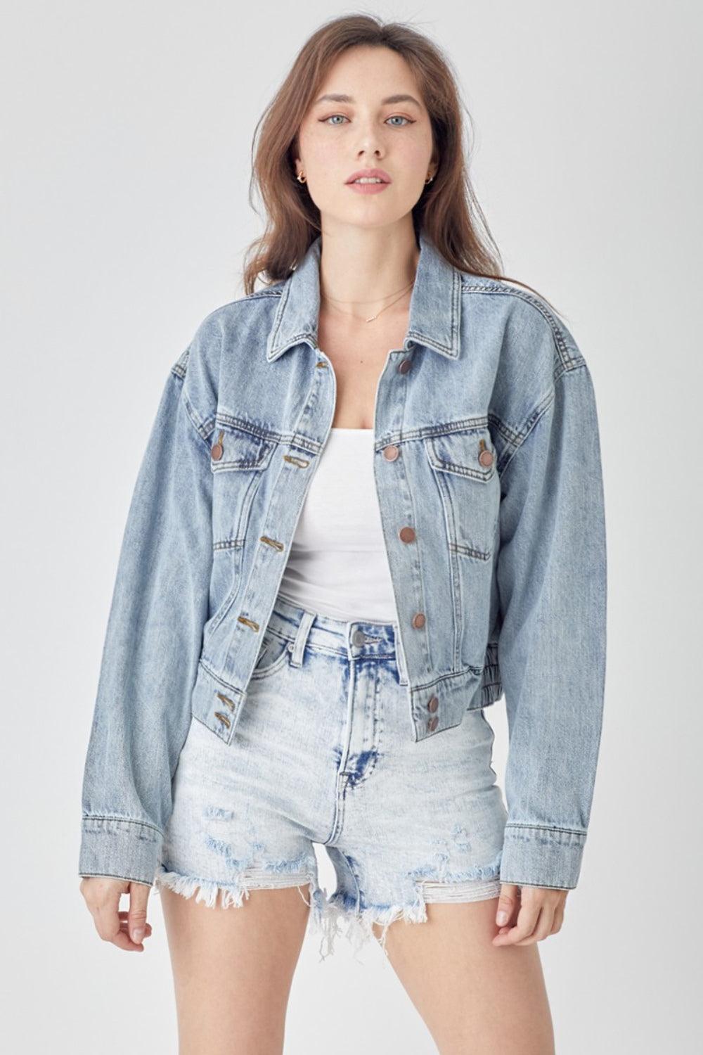 RISEN Full Size Button Down Cropped Denim Jacket - ClubOn