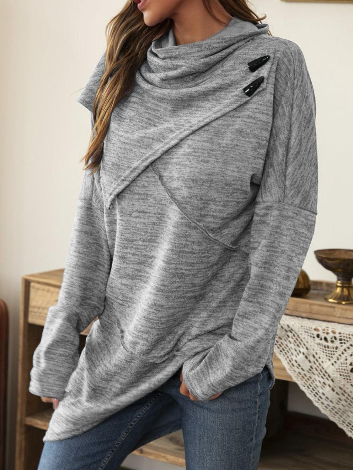 Asymmetrical Hem Cowl Neck Long Sleeve T-Shirt - ClubOn