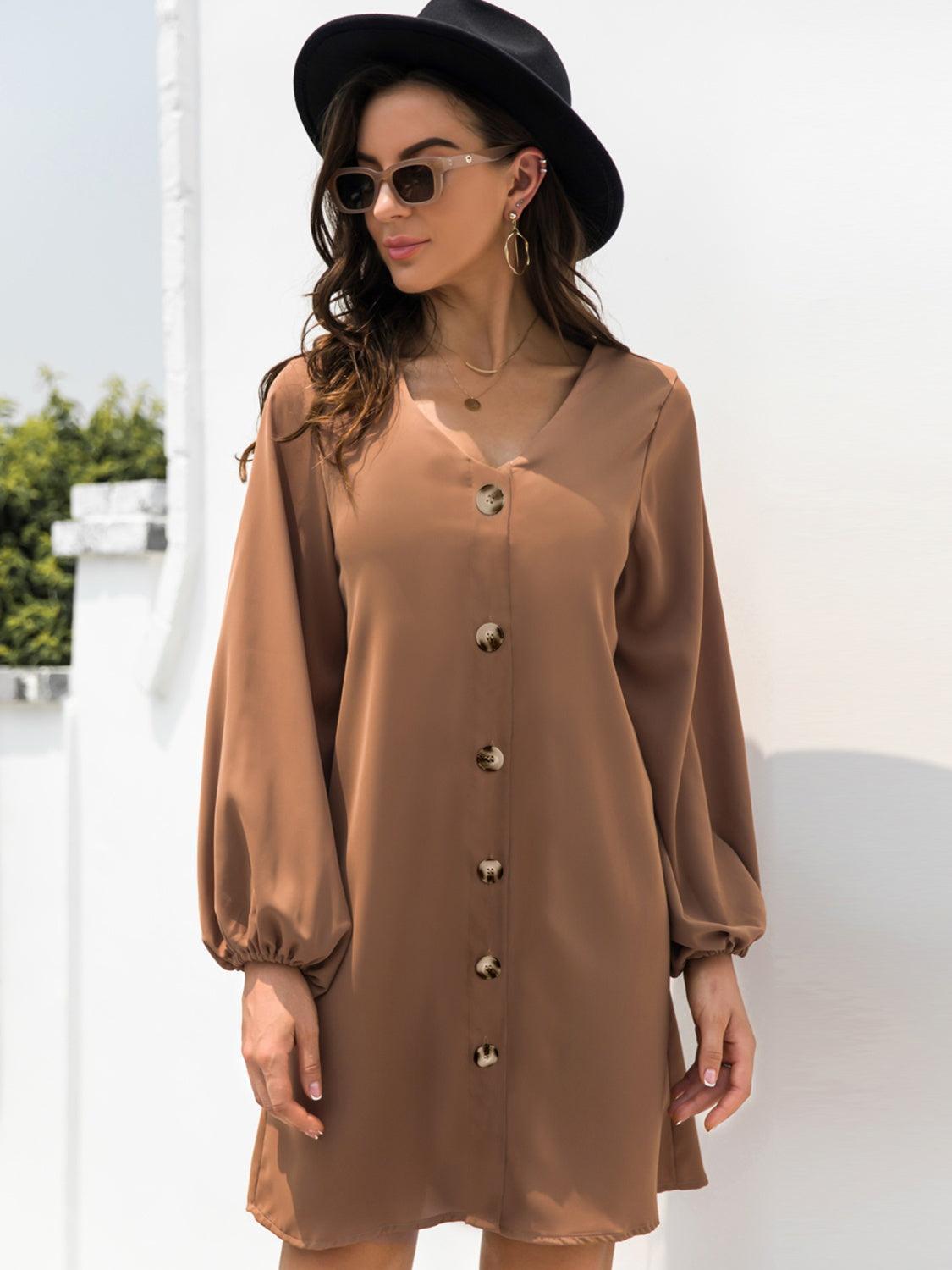 V-Neck Long Sleeve Mini Dress - ClubOn