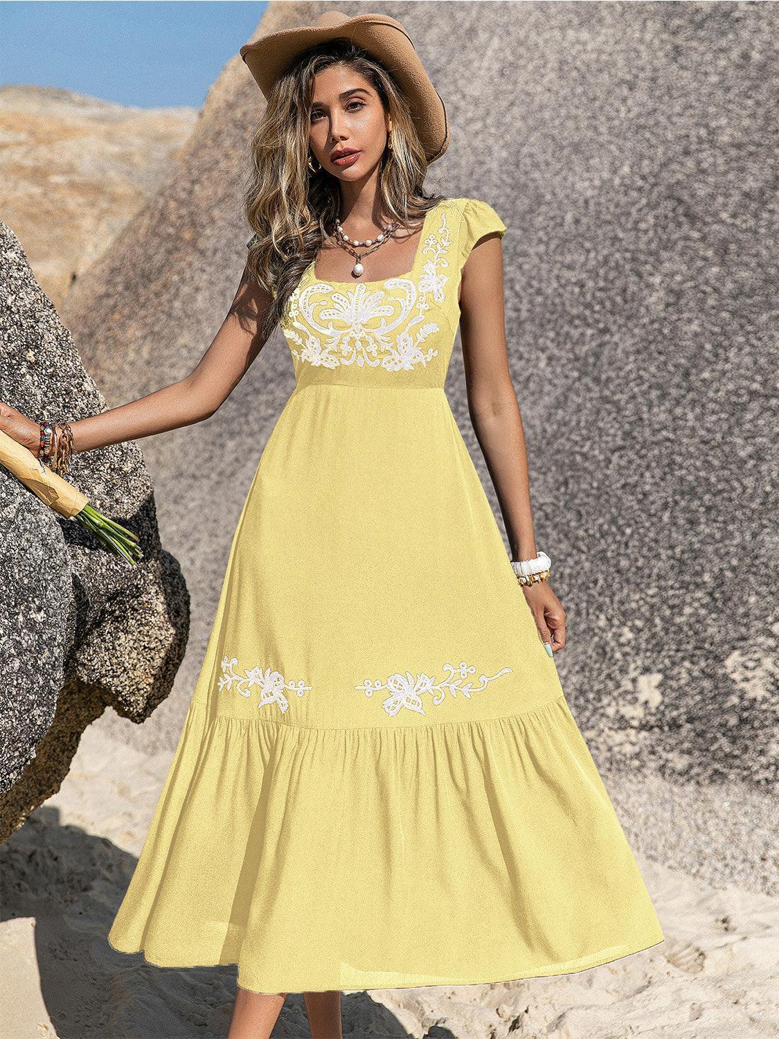 Embroidered Square Neck Ruffle Hem Dress - ClubOn