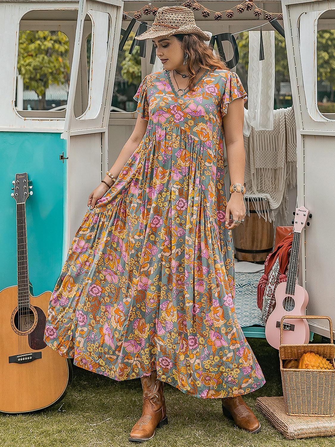 Plus Size Ruffled Printed Cap Sleeve Dress - ClubOn