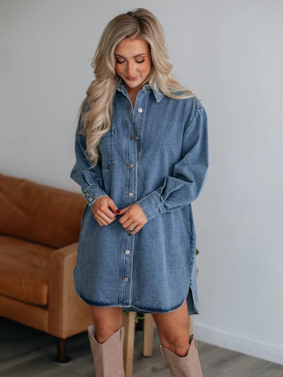 Button Up Collared Neck Long Sleeve Denim Dress - ClubOn