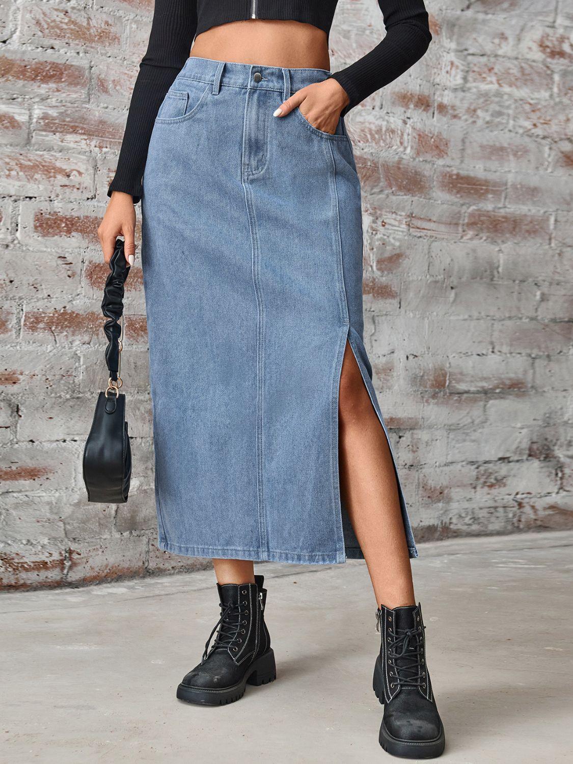 Slit High Waist Denim Skirt with Pockets - ClubOn