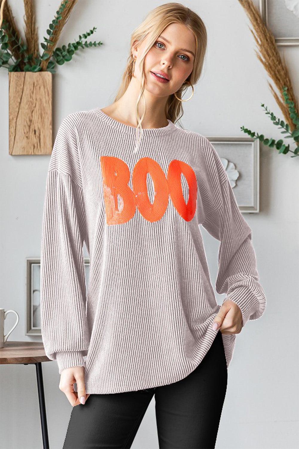Heimish BOO Round Neck Long Sleeve Ribbed T-Shirt - ClubOn