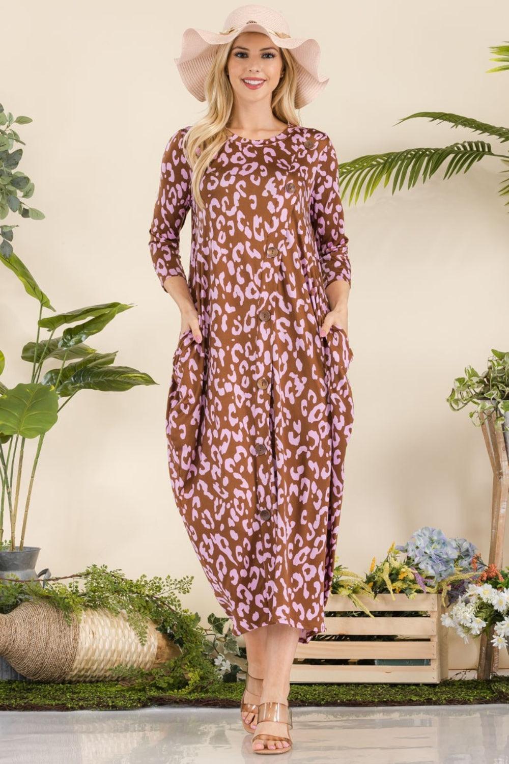 Celeste Full Size Leopard Contrast Dress with Pockets - ClubOn