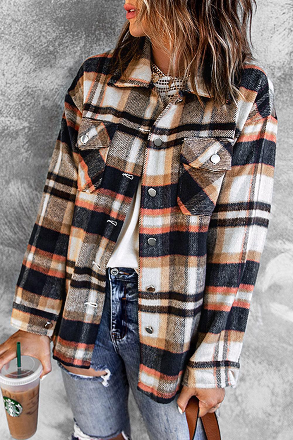 Double Take Plaid Button Front Shirt Jacket with Breast Pockets - ClubOn