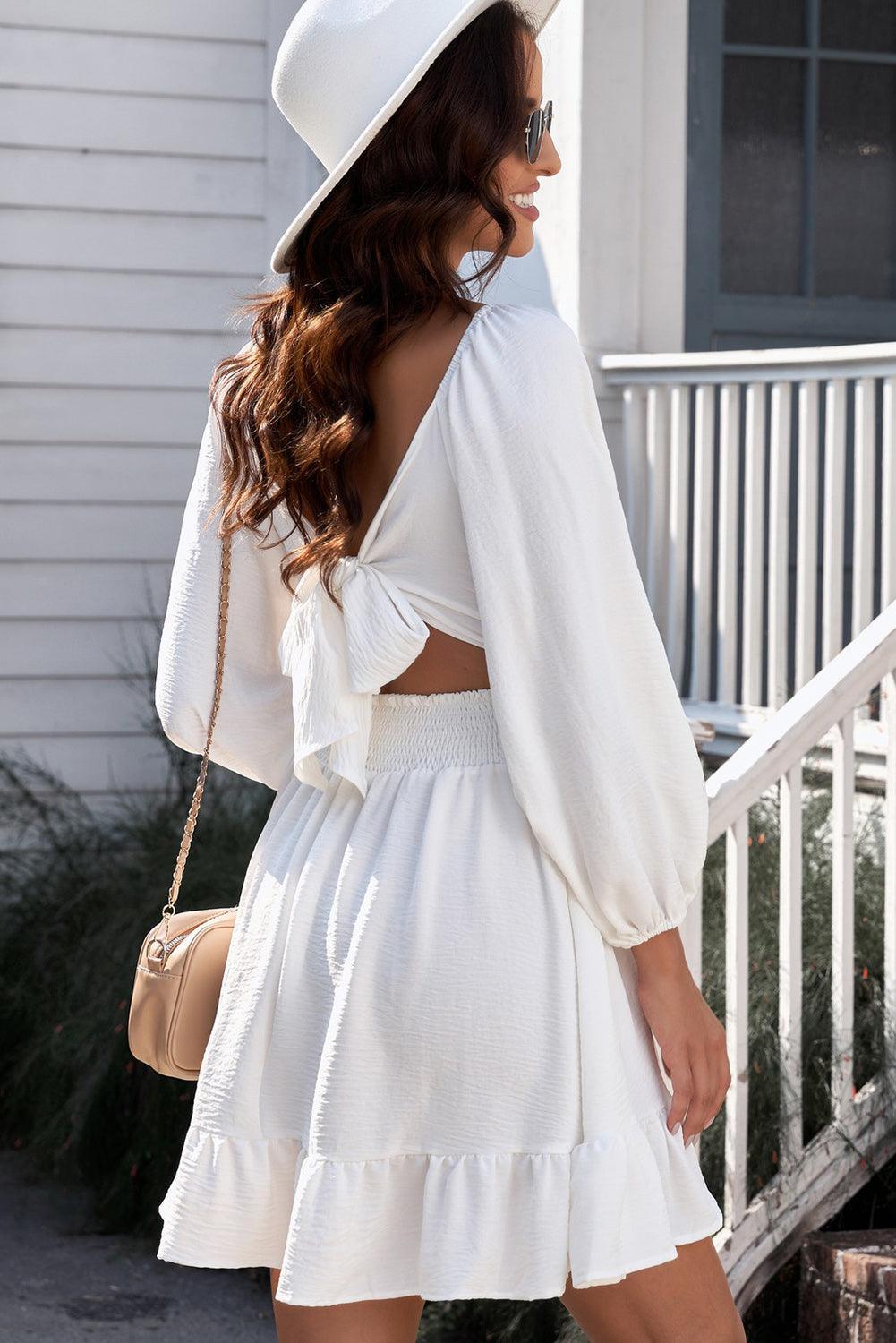 Cutout Smocked Square Neck Ruffle Hem Dress - ClubOn