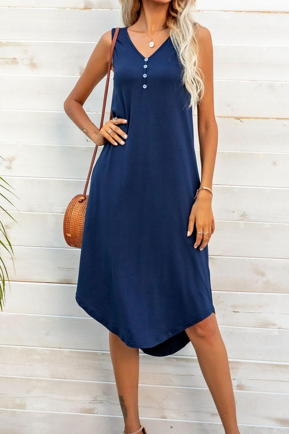 Buttoned V-Neck Curved Hem Sleeveless Dress - ClubOn