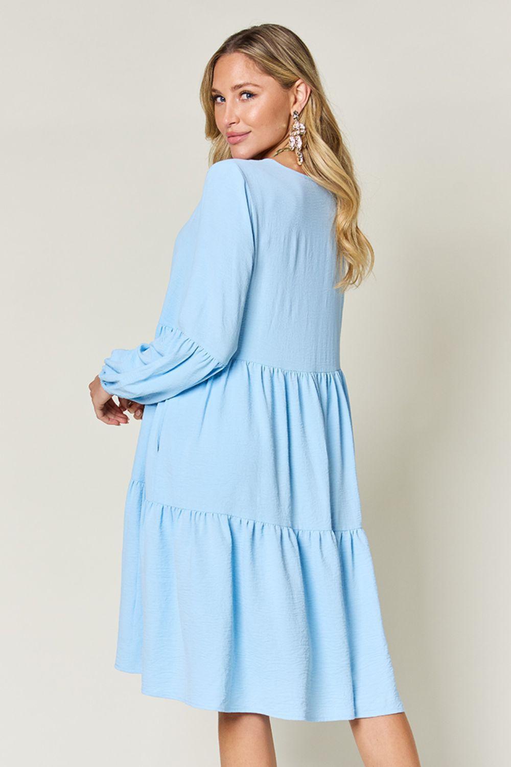 Double Take Full Size V-Neck Balloon Sleeve Tiered Dress with Pockets - ClubOn