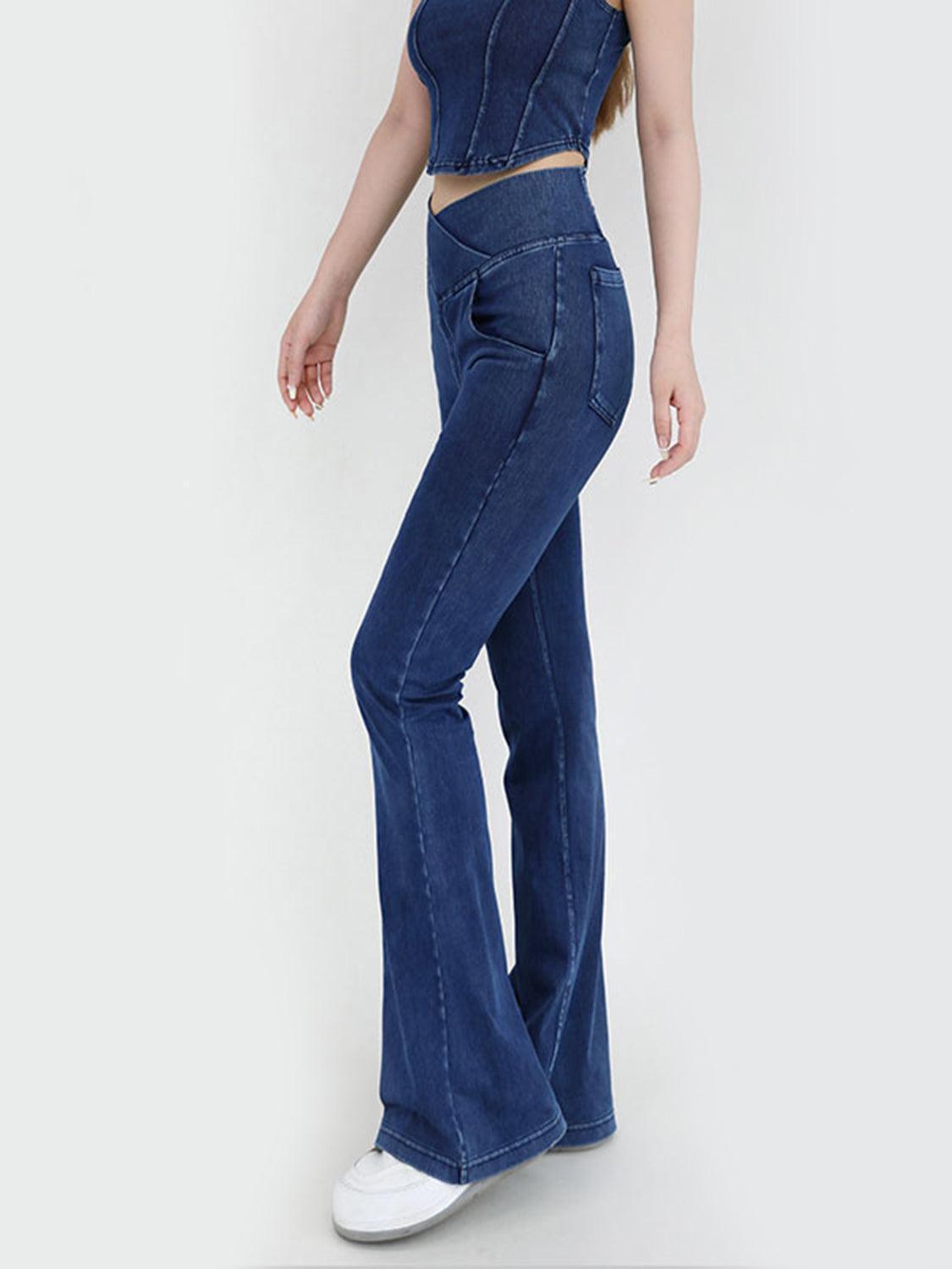 Wide Waistband Bootcut Jeans with Pockets - ClubOn
