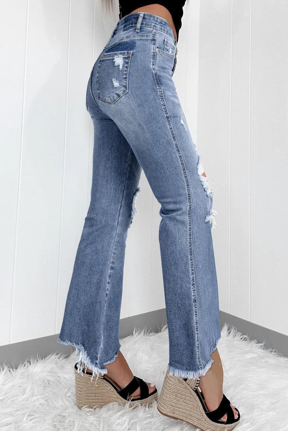 Distressed Raw Hem Bootcut Jeans - ClubOn