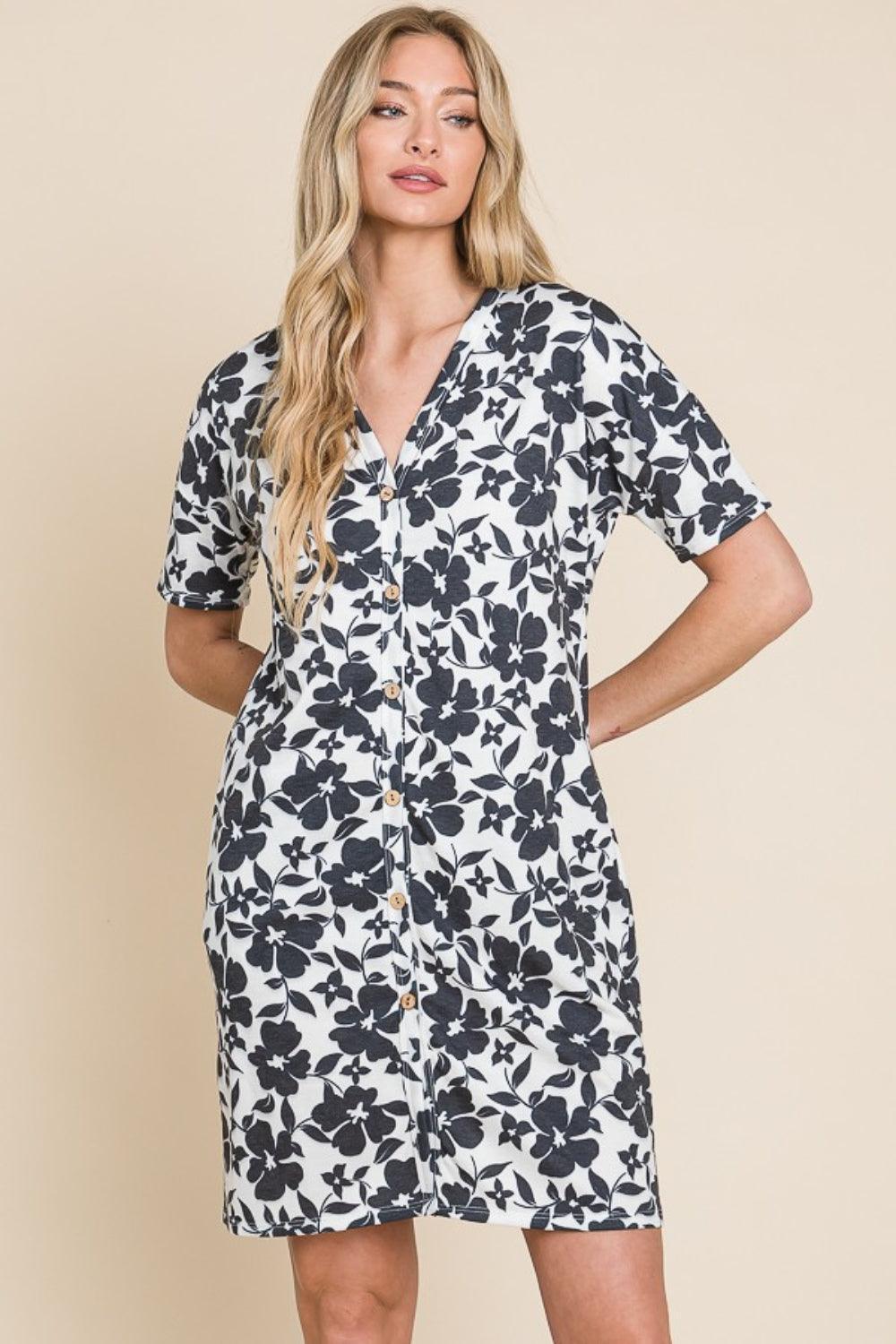 BOMBOM Floral Button Down Mini Dress - ClubOn